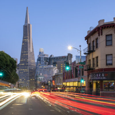 TransAmerica Pyramid from North Beach and City Lights Bookstore, San Francisco, California