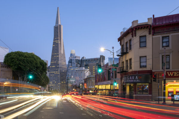 TransAmerica Pyramid from North Beach and City Lights Bookstore, San Francisco, California