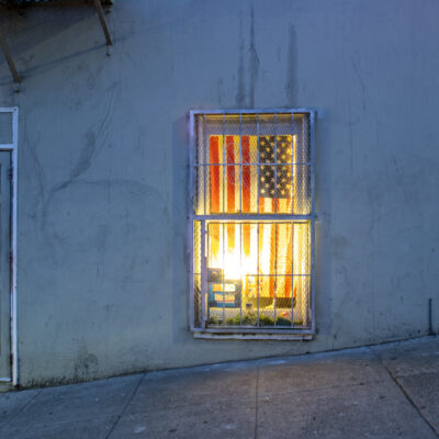 American flag in a window in North Beach, San Francisco, California