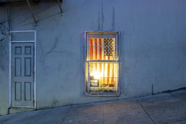 American flag in a window in North Beach, San Francisco, California