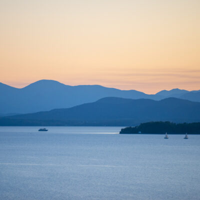 Sunset view of Lake Champlain and the Adirondacks from Burlington, Vermont.