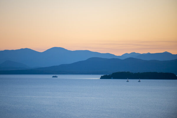 Sunset view of Lake Champlain and the Adirondacks from Burlington, Vermont.