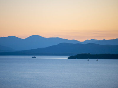 Sunset view of Lake Champlain and the Adirondacks from Burlington, Vermont.
