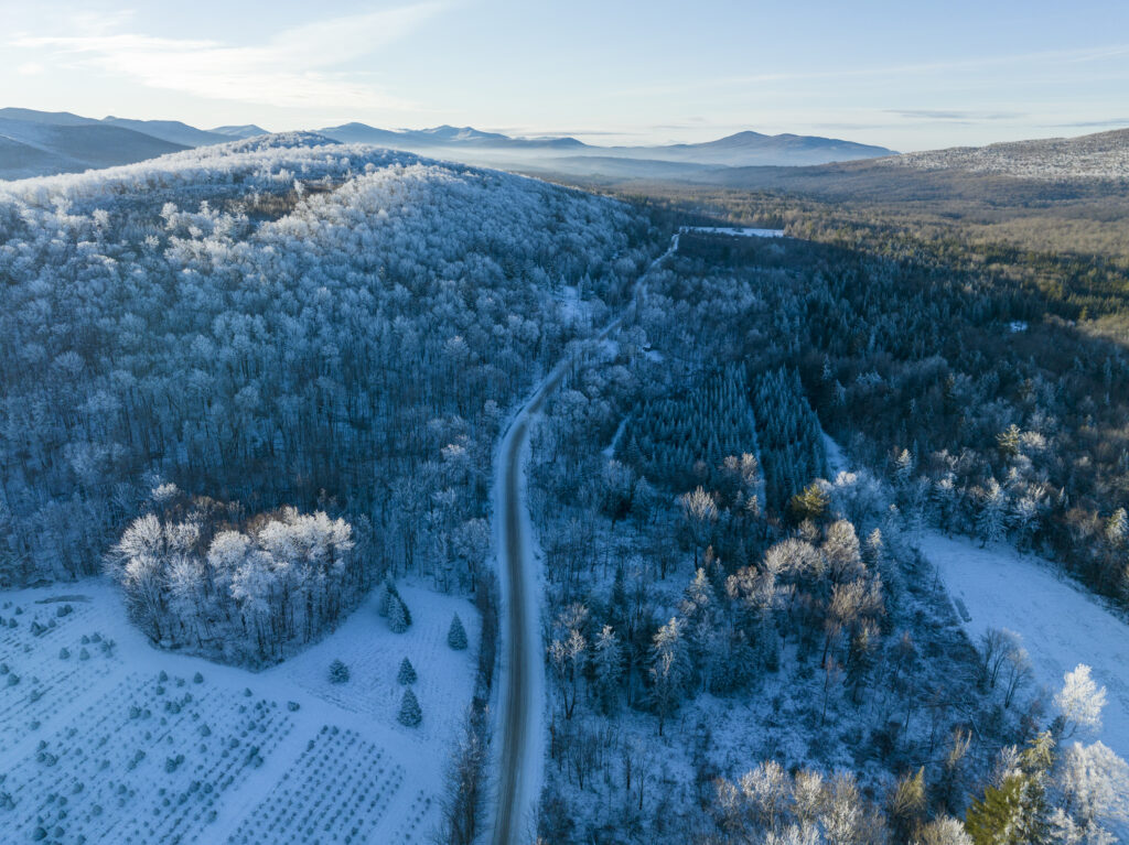 Snowy aerial view of Lincoln, Vermont.