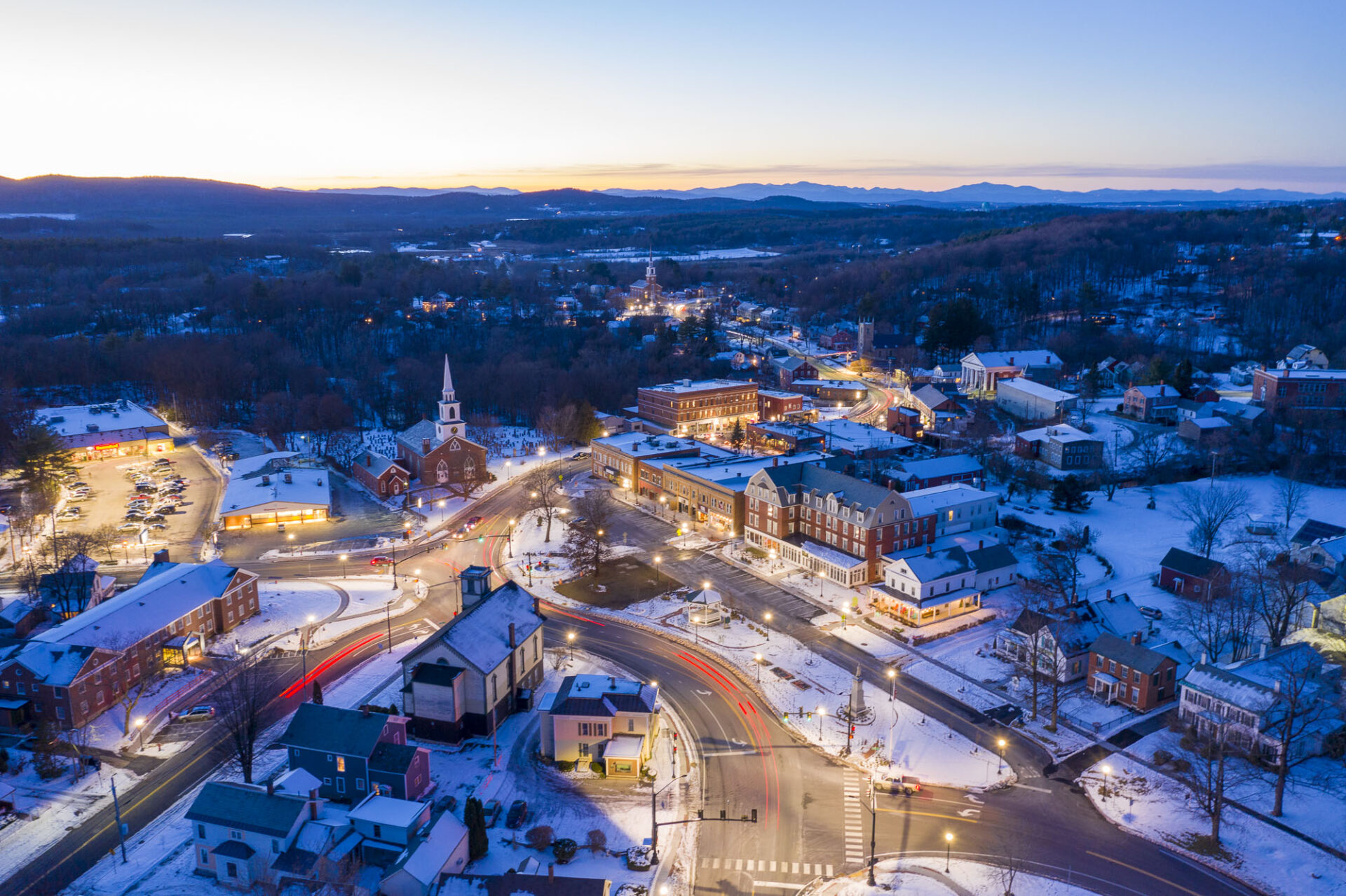 Twilight drone view of Brandon, Vermont in winter.