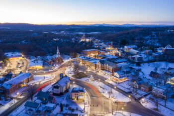 Brandon, Vermont Twilight drone view of Brandon, Vermont in winter.
